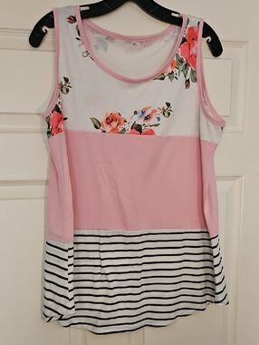 Floral & Striped Sleeveless Colorblock Tank - Pink, White, Black